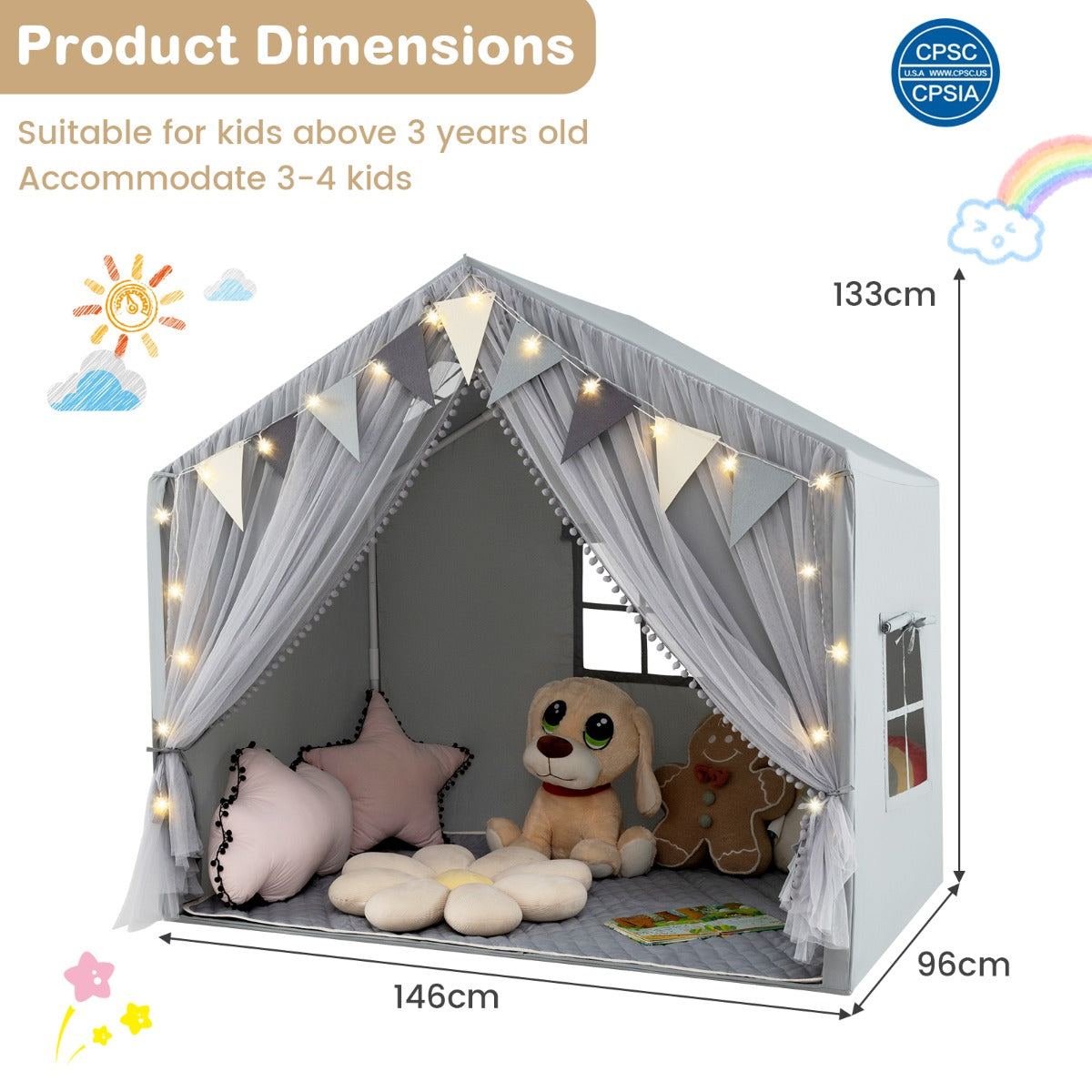Livsk costway speelhuis voor kinderen kindertent met mat en verlichting speeltent voor kinderen prinsessenspeelhuis kinderkamerdecoratie grijs 1 1