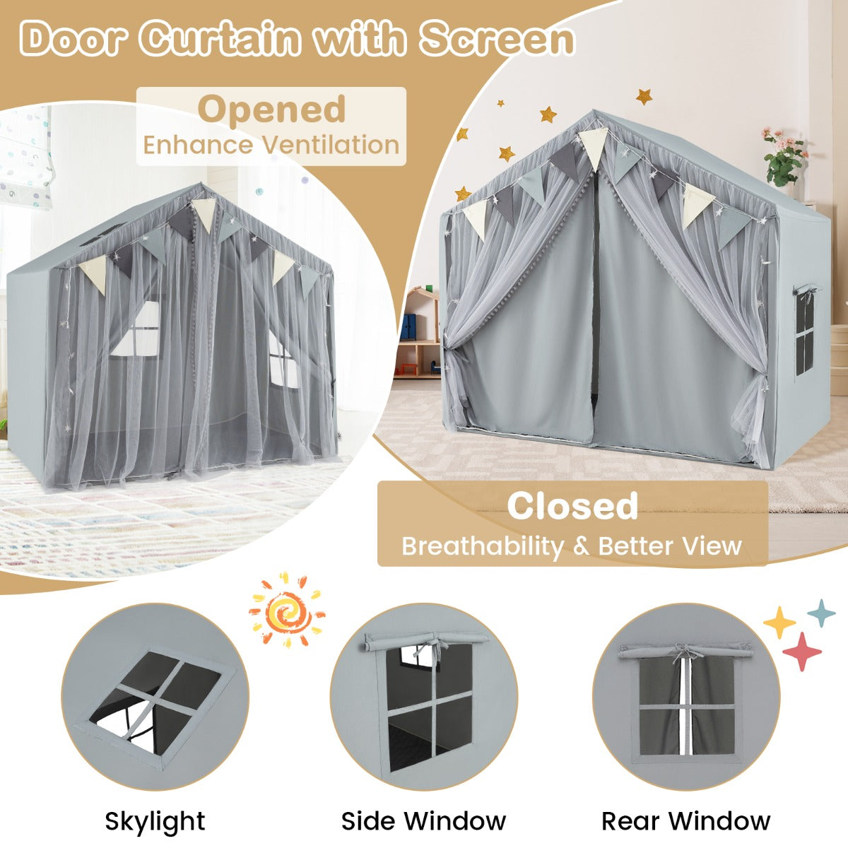 Livsk costway speelhuis voor kinderen kindertent met mat en verlichting speeltent voor kinderen prinsessenspeelhuis kinderkamerdecoratie grijs 3