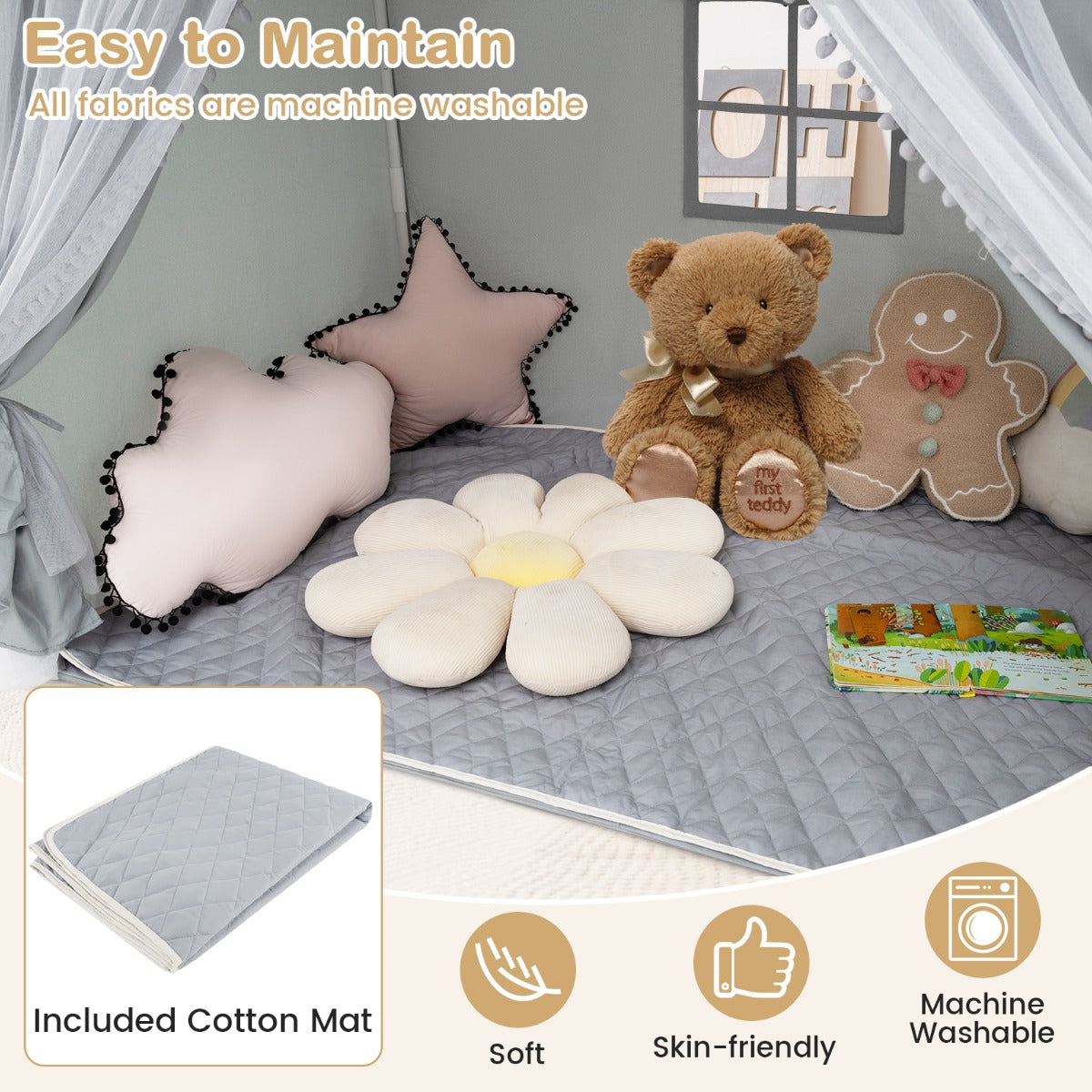 Livsk costway speelhuis voor kinderen kindertent met mat en verlichting speeltent voor kinderen prinsessenspeelhuis kinderkamerdecoratie grijs 5