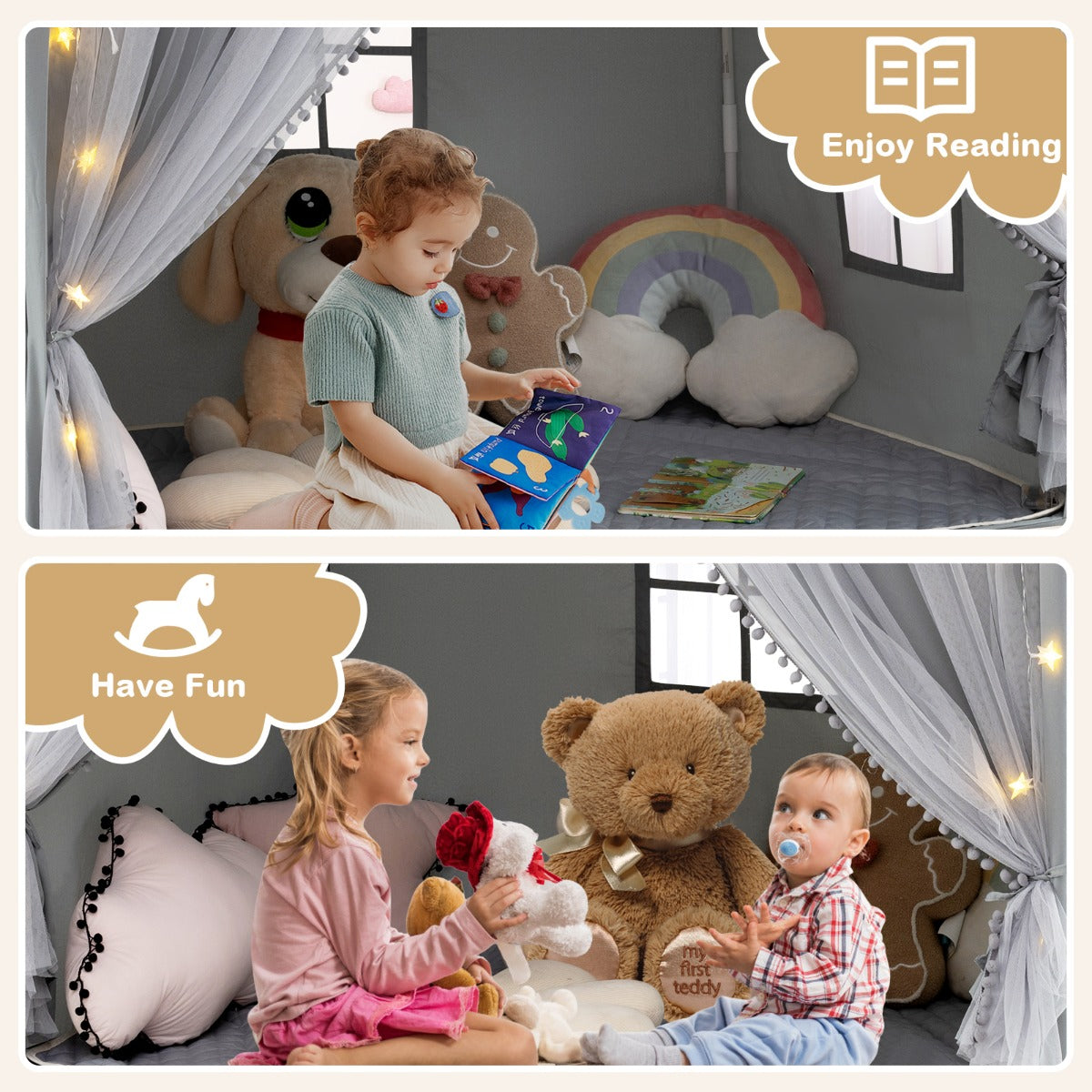 Livsk costway speelhuis voor kinderen kindertent met mat en verlichting speeltent voor kinderen prinsessenspeelhuis kinderkamerdecoratie grijs 6
