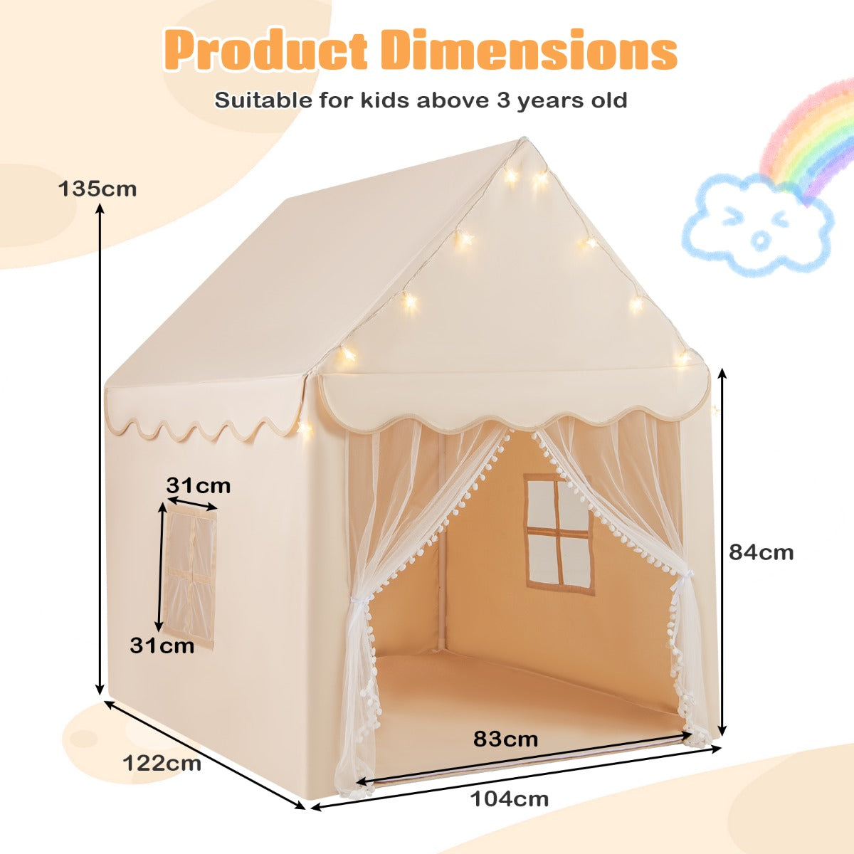 Livsk costway speelhuisje voor kinderen met sterrenlichtjes ramen mat en dubbele gordijnen kinder tent beige 1 1