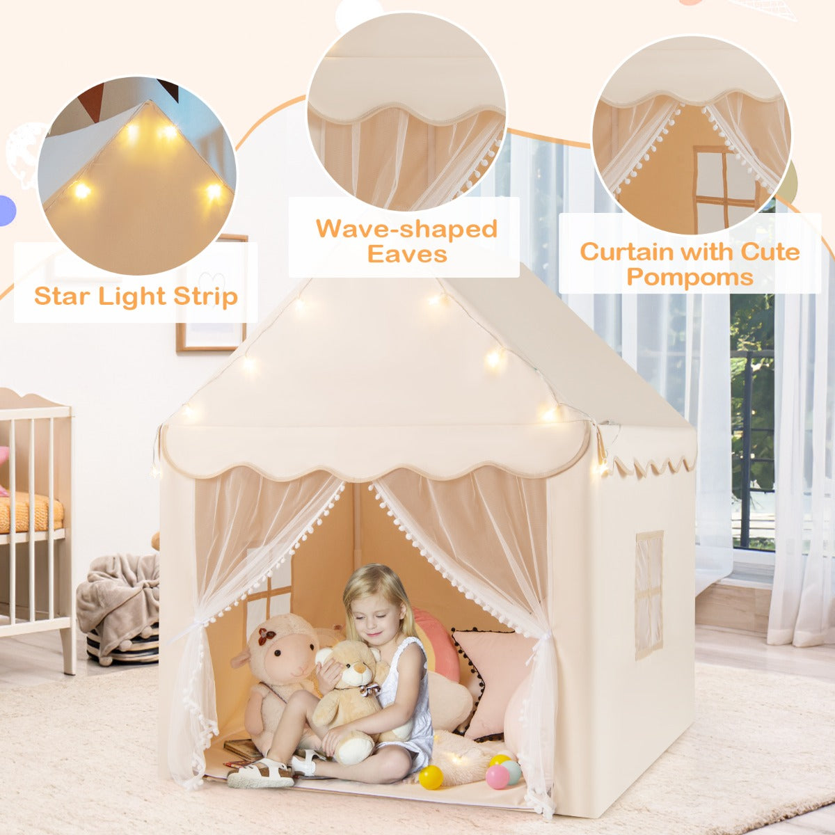 Livsk costway speelhuisje voor kinderen met sterrenlichtjes ramen mat en dubbele gordijnen kinder tent beige 2