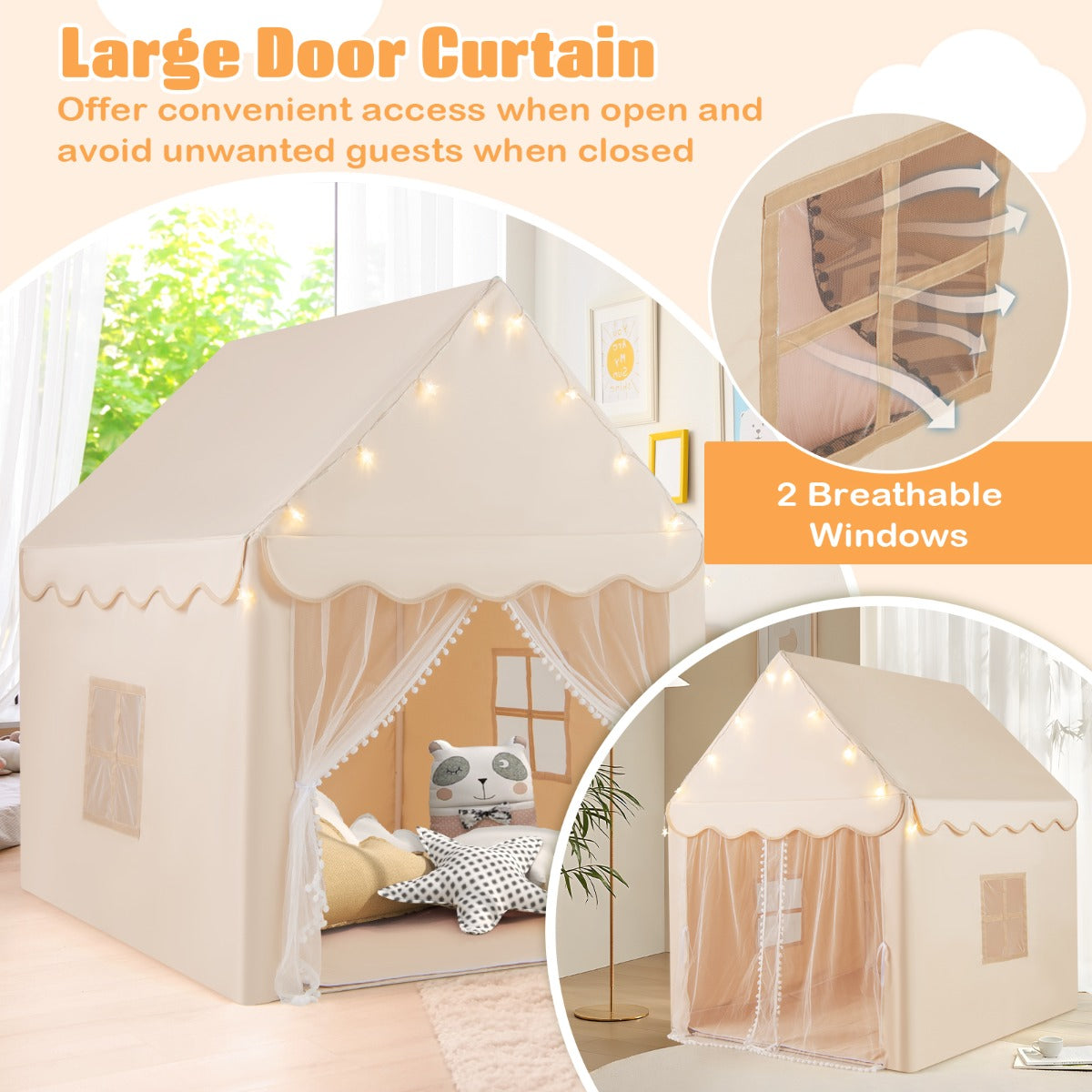 Livsk costway speelhuisje voor kinderen met sterrenlichtjes ramen mat en dubbele gordijnen kinder tent beige 3