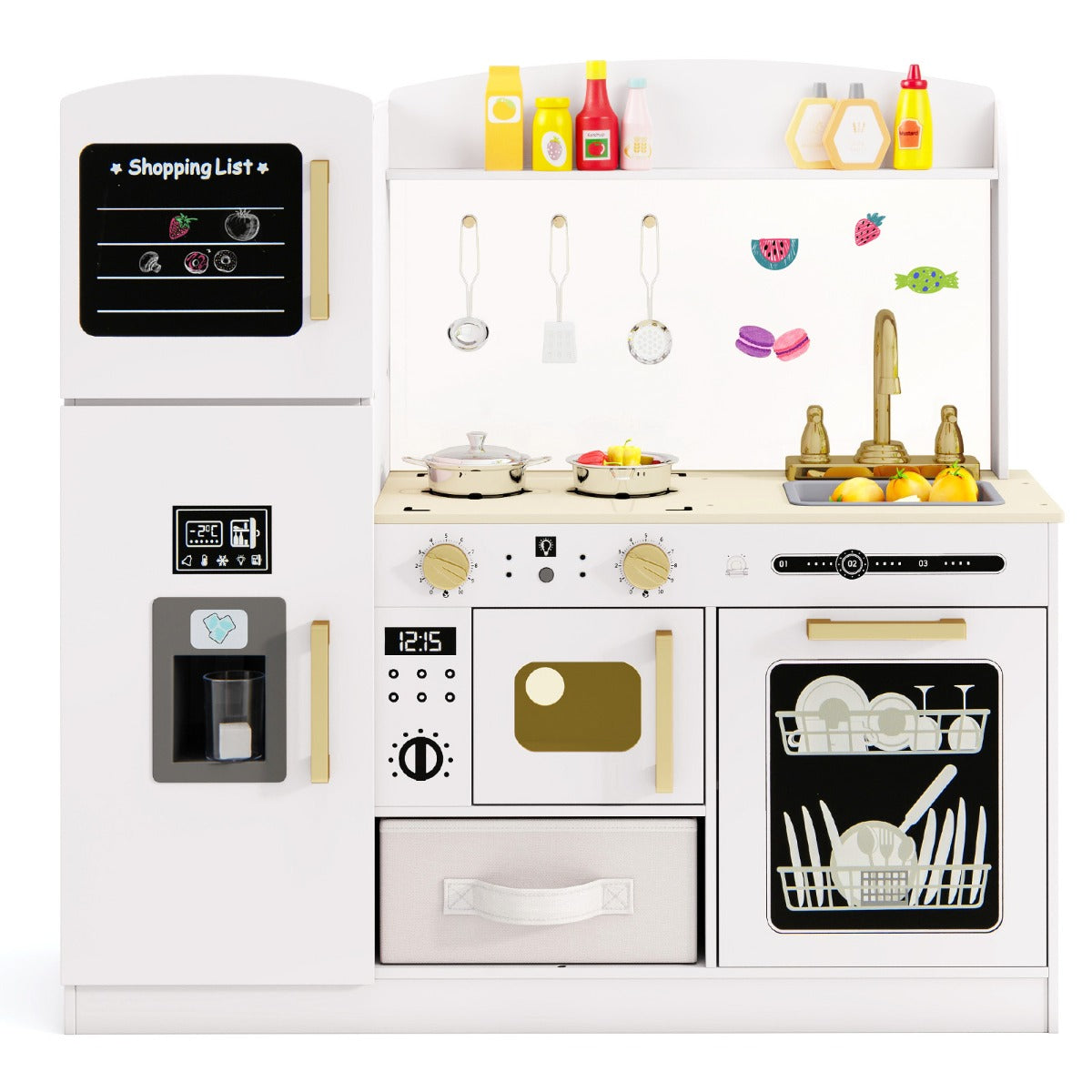 LIVSK Houten Speelkeuken met Oplichtende Magnetron - IJsblokjesmachine - Krijtbord - Inclusief Accessoires - 86 x 27 x 83 cm - Wit