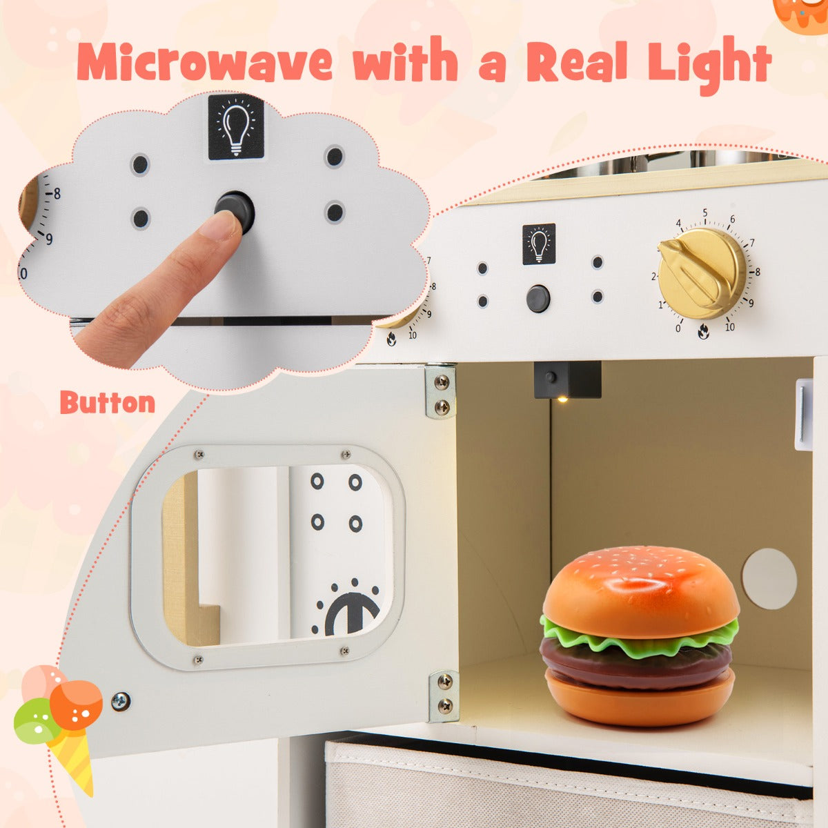 LIVSK Houten Speelkeuken met Oplichtende Magnetron - IJsblokjesmachine - Krijtbord - Inclusief Accessoires - 86 x 27 x 83 cm - Wit
