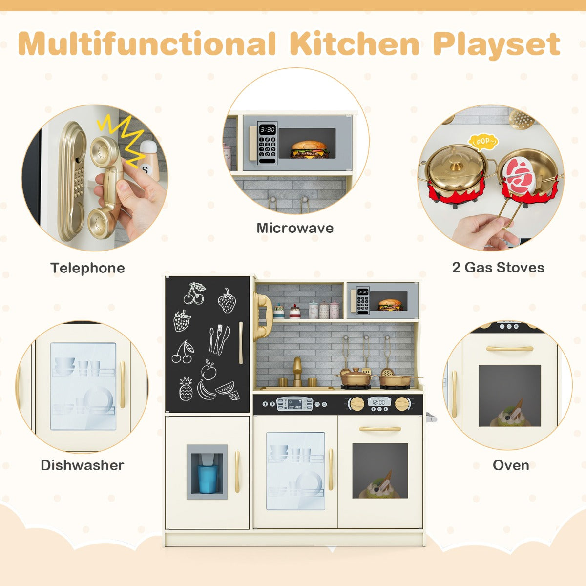 Livsk costway speelkeuken om mee te spelen keukenspeelset voor peuters met bord 82 x 24 x 80 cm wit 4