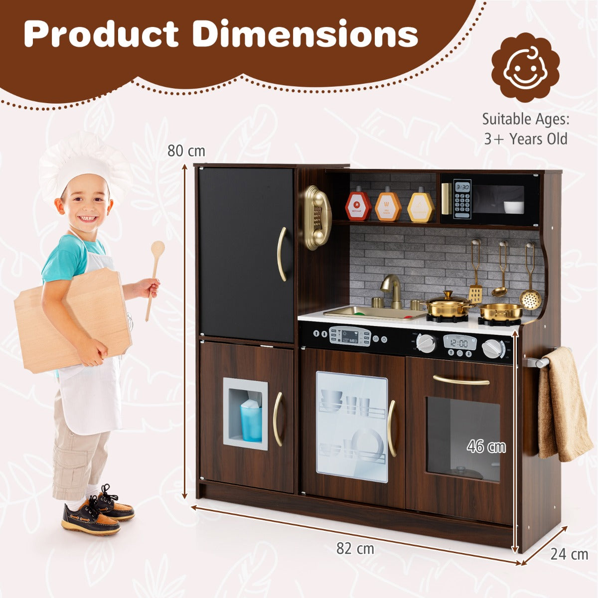 LIVSK Speelkeuken Voor Peuters - Compleet met Magnetron, Gootsteen en Geluiden - Inclusief Accessoires - 82 x 24 x 80 cm - Bruin