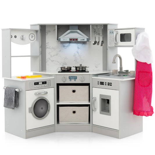 LIVSK Hoekkeukenset voor Kinderen - Met Licht en Geluid - Werkende Afzuigkap en Magnetron - Inclusief Keukengerei - Grijs