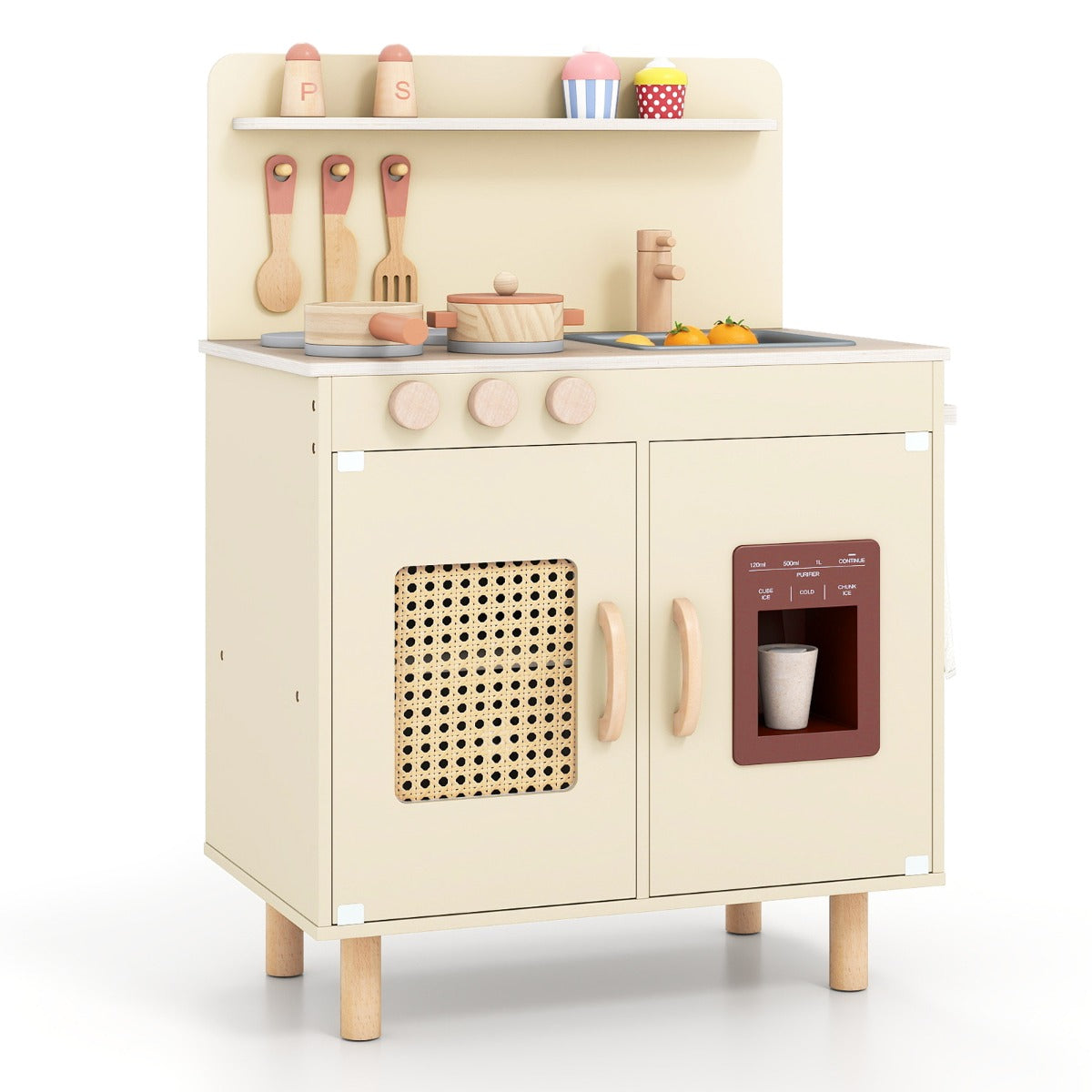 Livsk costway speelkeuken voor kinderen houten keuken met realistische ijsmachine fornuis accessoires gootsteen speelgoedkeuken met opbergruimte kinderkeuken met licht geluid geel