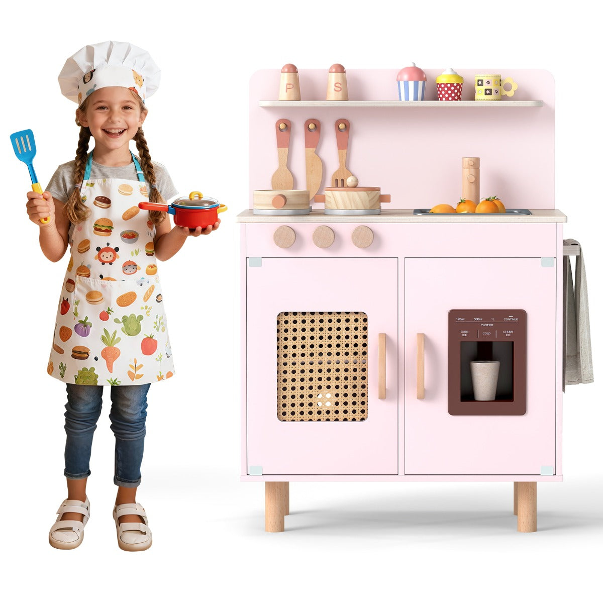 Livsk costway speelkeuken voor kinderen houten keuken met realistische ijsmachine fornuis accessoires gootsteen speelgoedkeuken met opbergruimte kinderkeuken met licht geluid roze 1