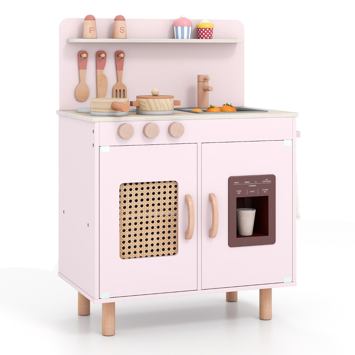 Livsk costway speelkeuken voor kinderen houten keuken met realistische ijsmachine fornuis accessoires gootsteen speelgoedkeuken met opbergruimte kinderkeuken met licht geluid roze