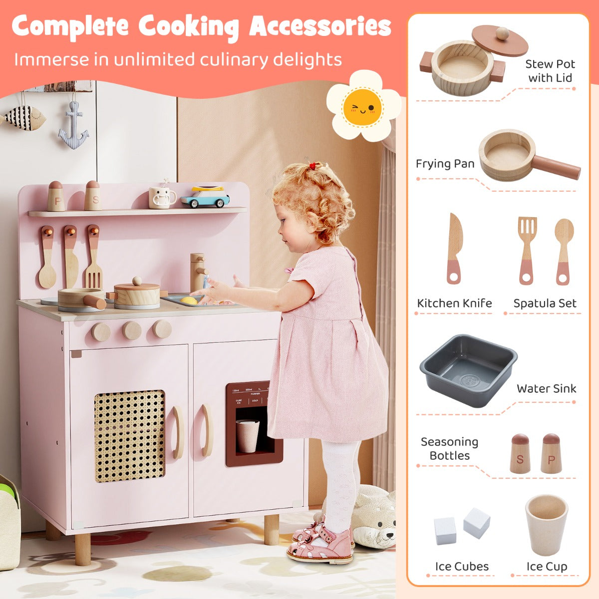 Livsk costway speelkeuken voor kinderen houten keuken met realistische ijsmachine fornuis accessoires gootsteen speelgoedkeuken met opbergruimte kinderkeuken met licht geluid roze
