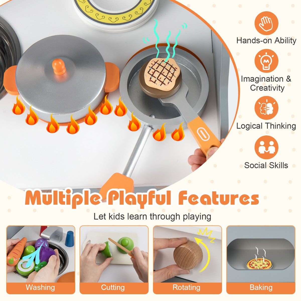 Livsk costway speelkeuken voor kinderen kinderkeuken met klok grijs 2