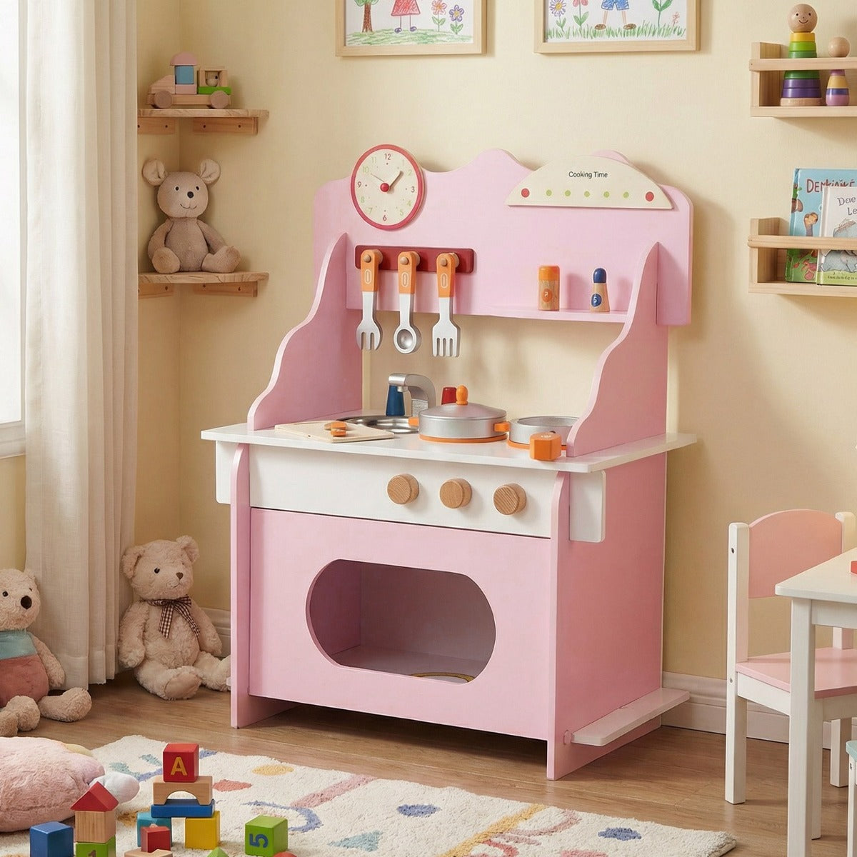 Livsk costway speelkeuken voor kinderen kinderkeuken met klok roze 5