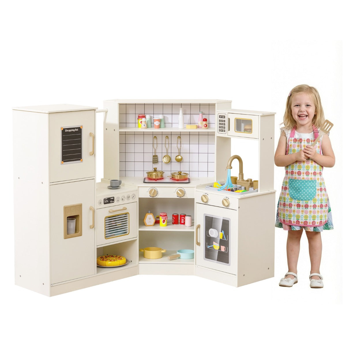 Livsk costway speelkeuken voor kinderen met een ijsmachine kookplaat oven magnetron vaatwasser kraan en kookaccessoires 1