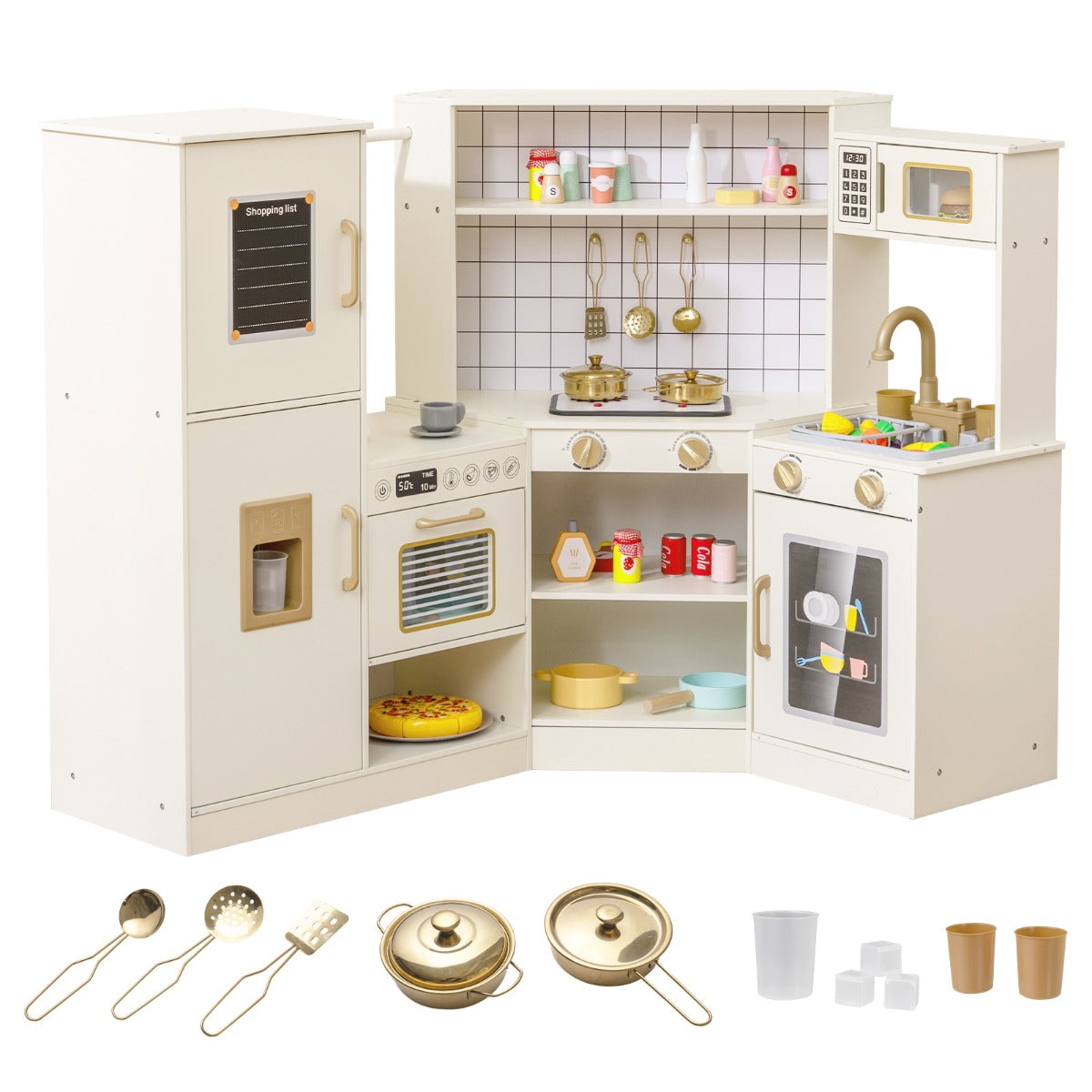 Livsk costway speelkeuken voor kinderen met een ijsmachine kookplaat oven magnetron vaatwasser kraan en kookaccessoires