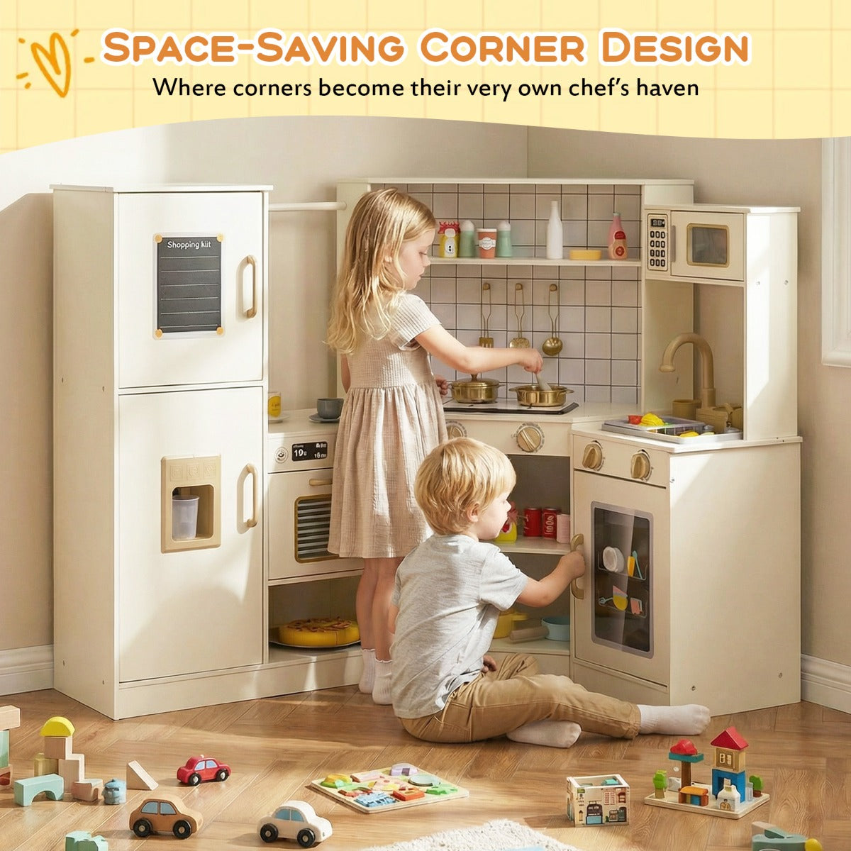 Livsk costway speelkeuken voor kinderen met een ijsmachine kookplaat oven magnetron vaatwasser kraan en kookaccessoires
