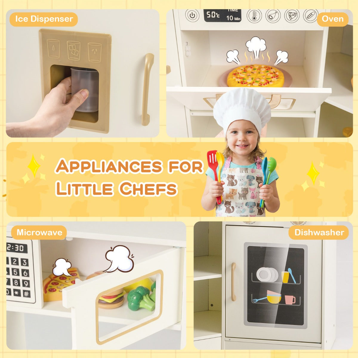 Livsk costway speelkeuken voor kinderen met een ijsmachine kookplaat oven magnetron vaatwasser kraan en kookaccessoires