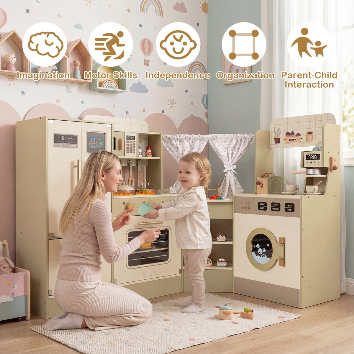 Livsk costway speelkeuken voor kinderen speelkeukenset houten keuken voor jongens en meisjes vanaf 3 jaar