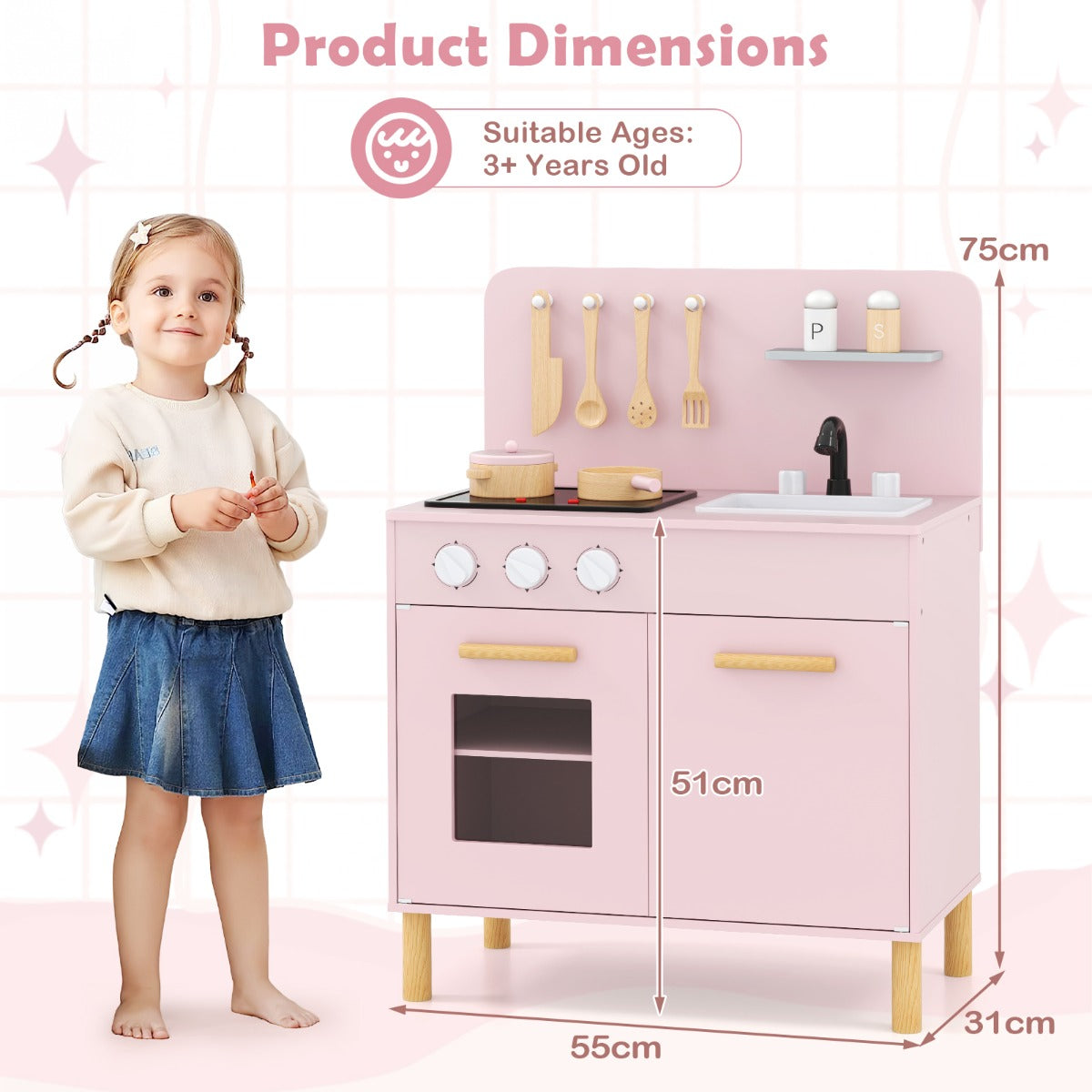 Livsk costway speelkeuken voor kinderen vanaf 3 jaar houten speelkeuken met licht geluid fornuizen gootsteen oven en keukenaccessoires roze 1 1