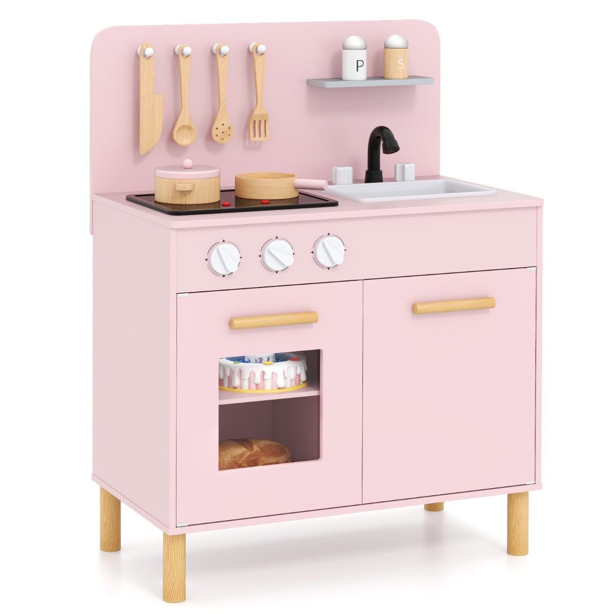 Livsk costway speelkeuken voor kinderen vanaf 3 jaar houten speelkeuken met licht geluid fornuizen gootsteen oven en keukenaccessoires roze