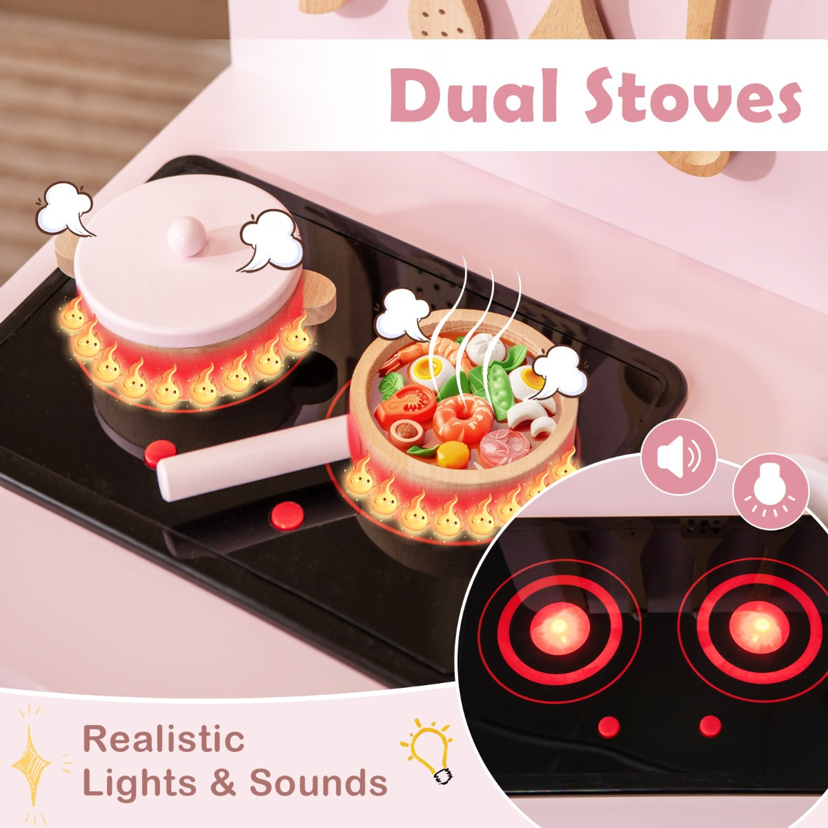 Livsk costway speelkeuken voor kinderen vanaf 3 jaar houten speelkeuken met licht geluid fornuizen gootsteen oven en keukenaccessoires roze 2