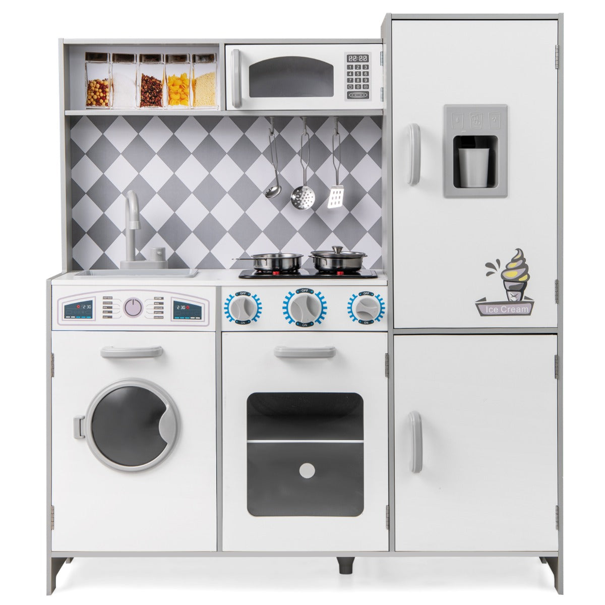 LIVSK Houten Speelkeuken voor Kinderen - Gootsteen, Oven, Magnetron, Ijsmaker - Met Geluidseffecten - Wit
