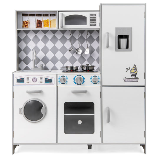 LIVSK Houten Speelkeuken voor Kinderen - Gootsteen, Oven, Magnetron, Ijsmaker - Met Geluidseffecten - Wit