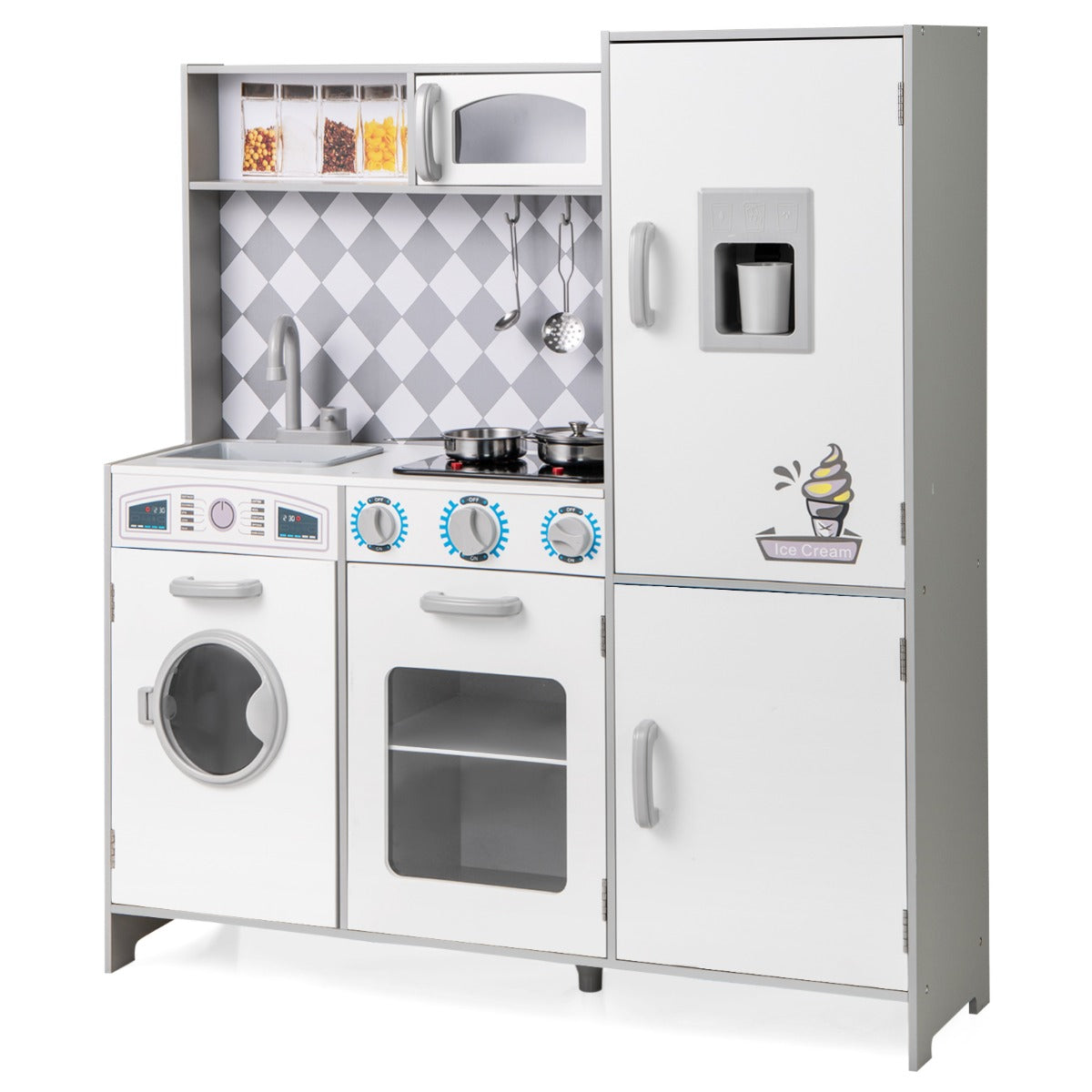 LIVSK Houten Speelkeuken voor Kinderen - Gootsteen, Oven, Magnetron, Ijsmaker - Met Geluidseffecten - Wit