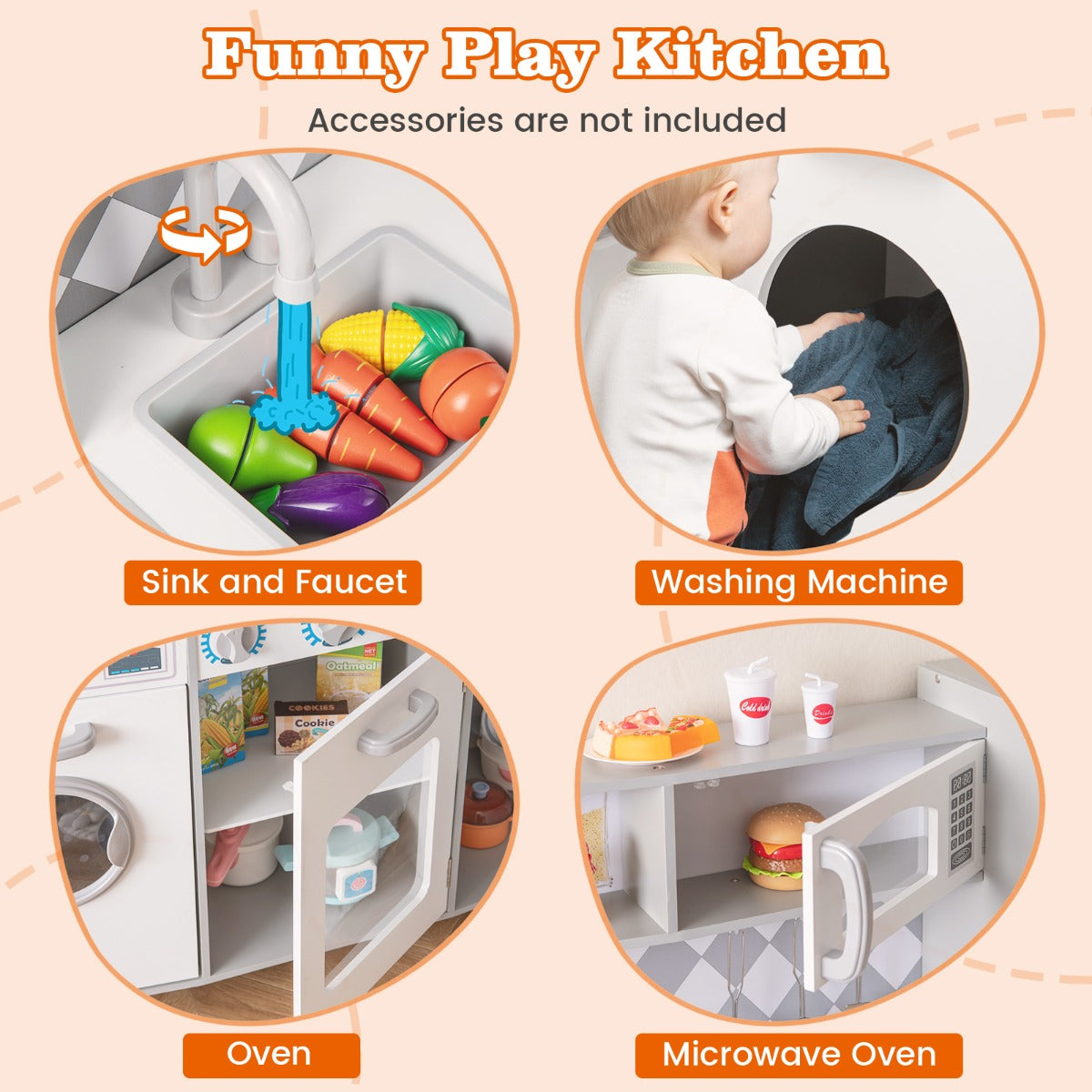 LIVSK Houten Speelkeuken voor Kinderen - Gootsteen, Oven, Magnetron, Ijsmaker - Met Geluidseffecten - Wit