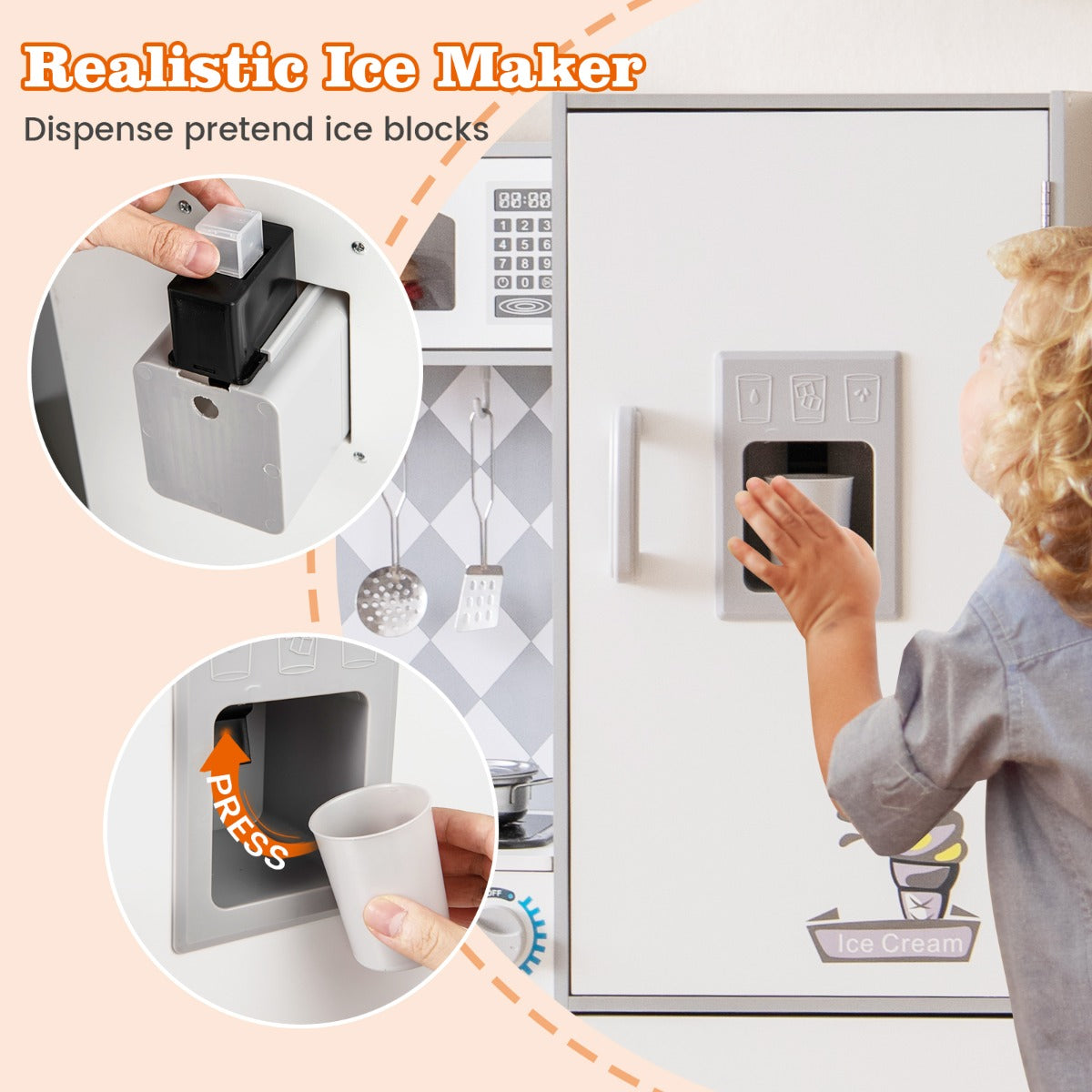 LIVSK Houten Speelkeuken voor Kinderen - Gootsteen, Oven, Magnetron, Ijsmaker - Met Geluidseffecten - Wit