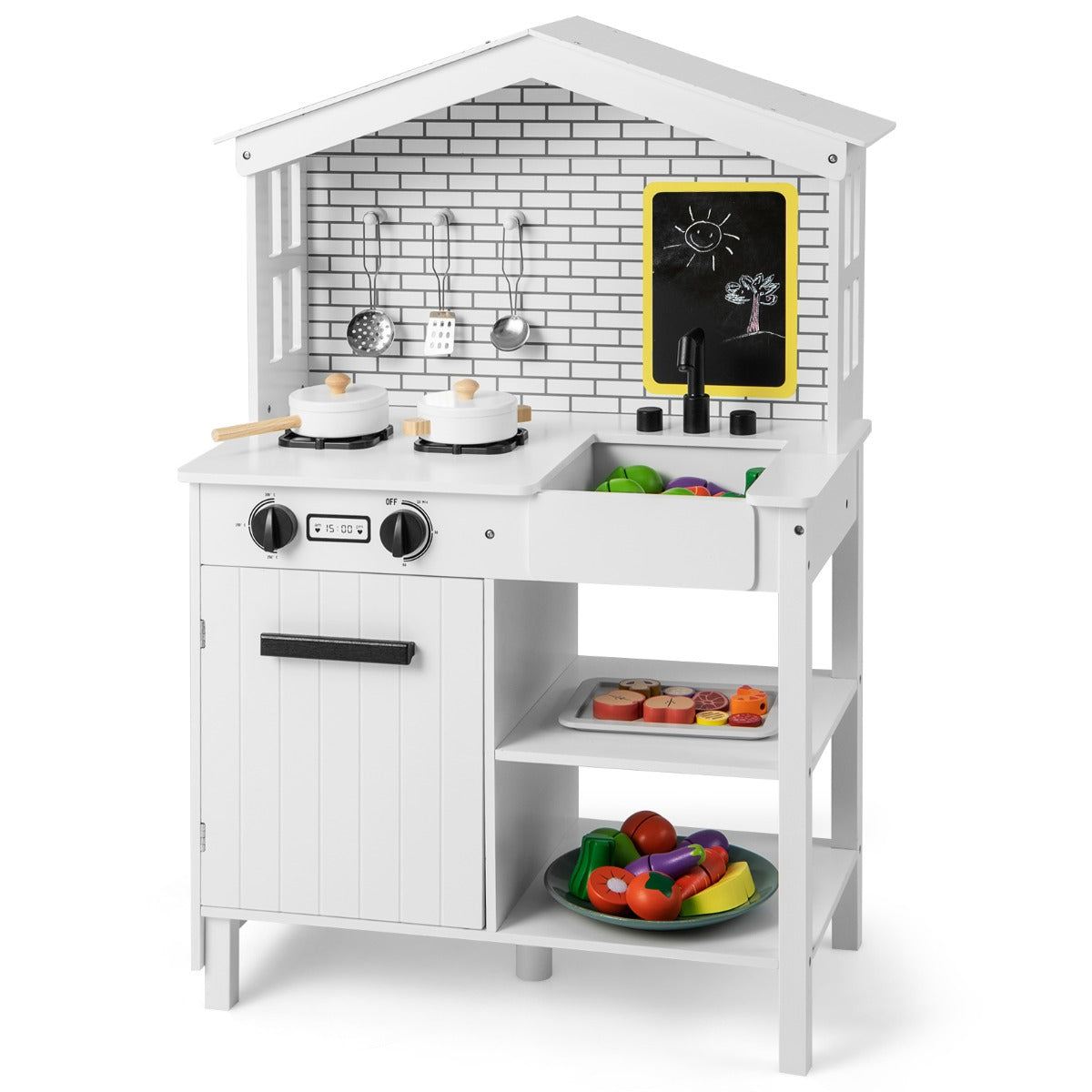 LIVSK Speelkeuken Boerderijstijl - Krijtbord, Opbergruimte, Realistische Accessoires - Veilig MDF - 62 x 33 x 90 cm - Wit