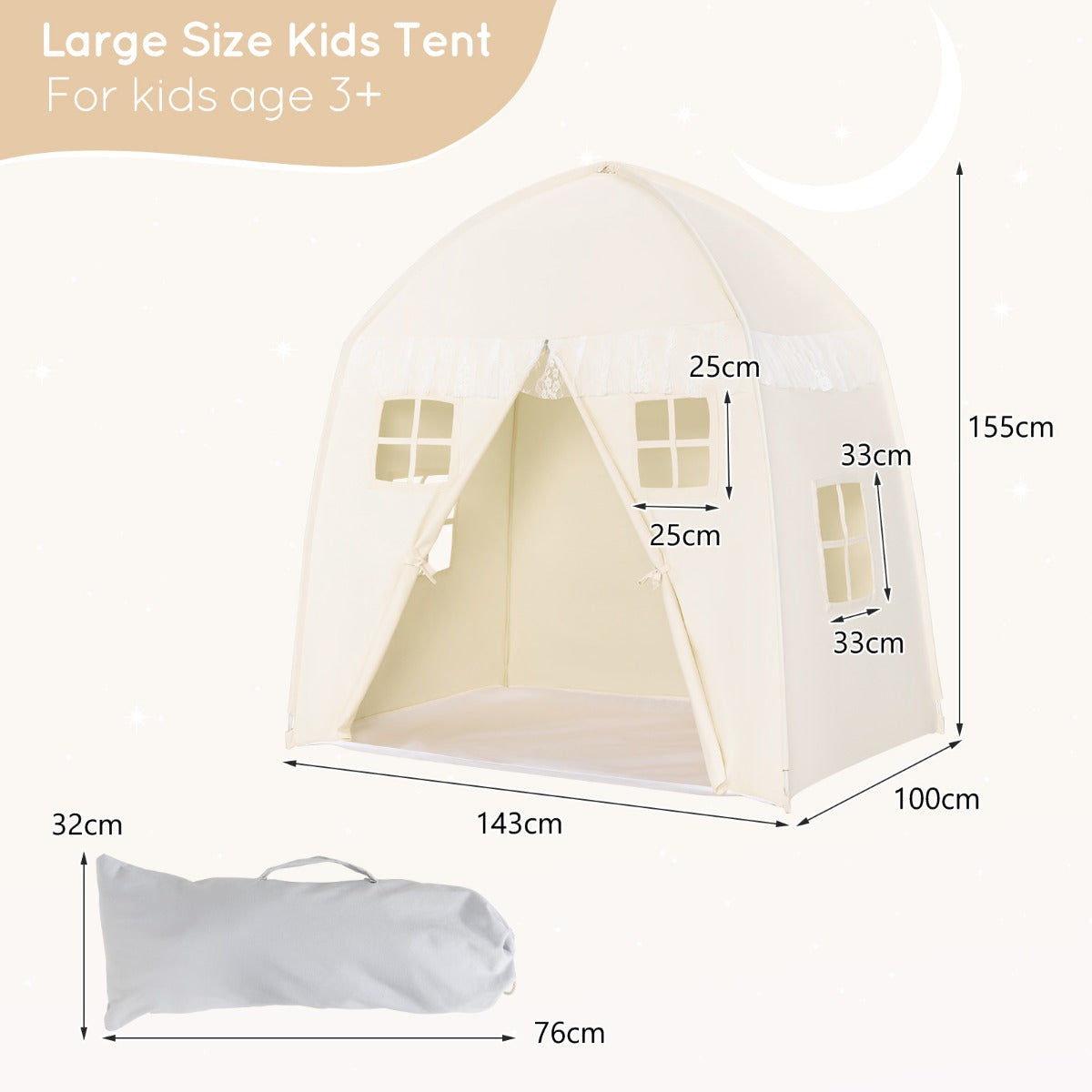 LIVSK Speeltent voor Kinderen - Draagbaar met Opbergtas - Ruim voor 2-3 Kinderen - Glasvezelframe - Wasbaar Katoenen Canvas -