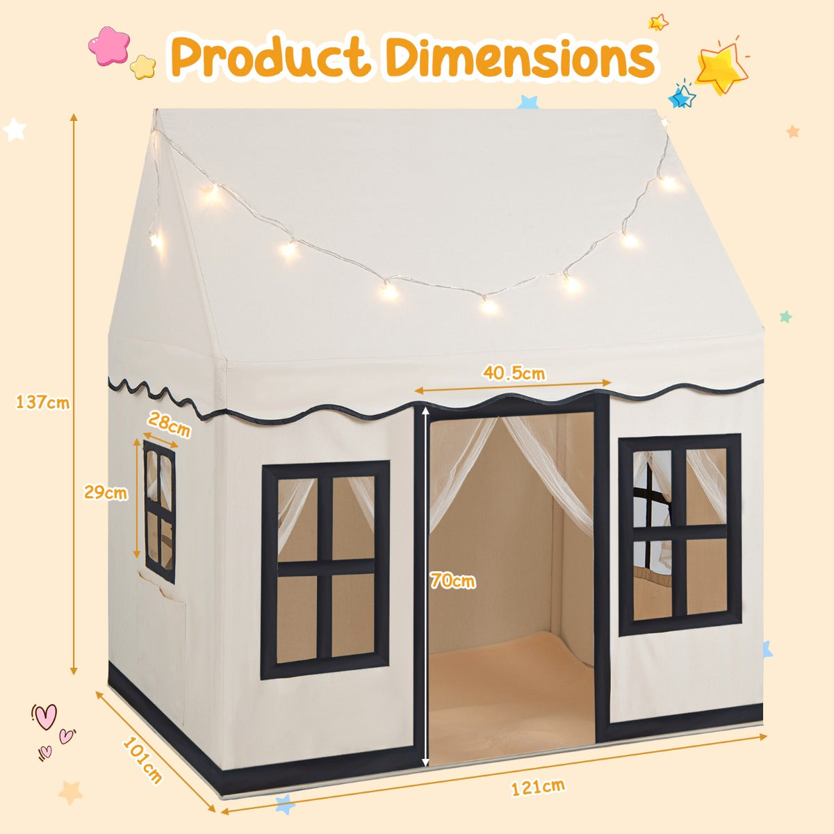 LIVSK Kinderspeeltent met Sterrenlichtslinger - Ruimte voor 3-4 Kinderen - Ademend - Stabiliteit - 121 x 101 x 137 cm - Beige