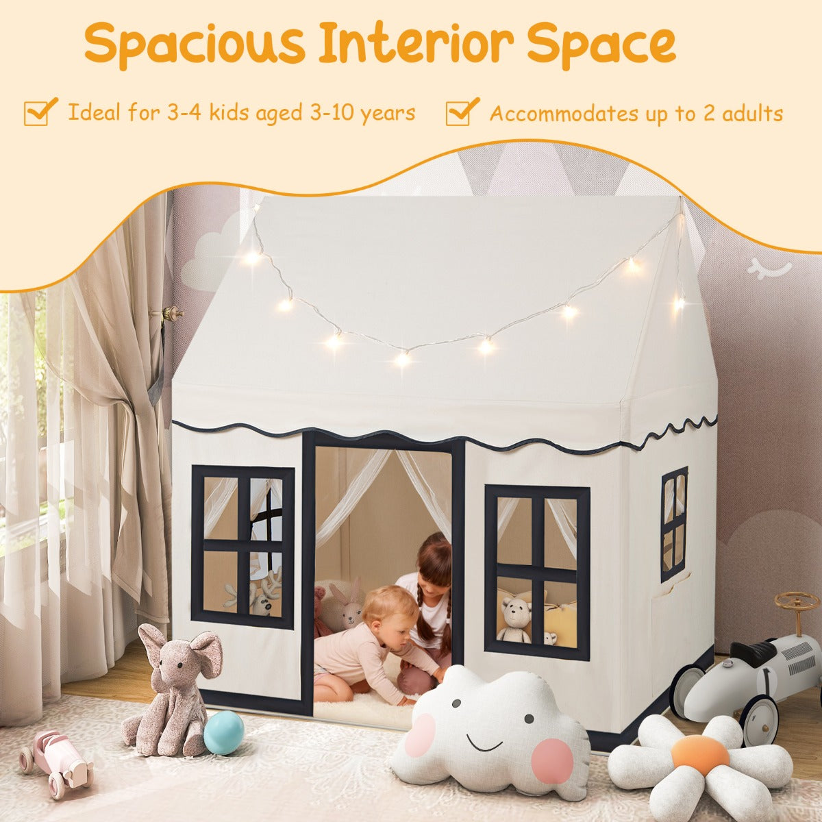 LIVSK Kinderspeeltent met Sterrenlichtslinger - Ruimte voor 3-4 Kinderen - Ademend - Stabiliteit - 121 x 101 x 137 cm - Beige