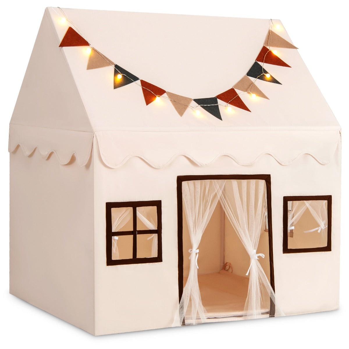 LIVSK Kinderspeeltent - Voor 3 Kinderen of 1 Volwassene - Gewatteerde Antislipmat - Gaasgordijnen en Lichtsnoeren - Beige