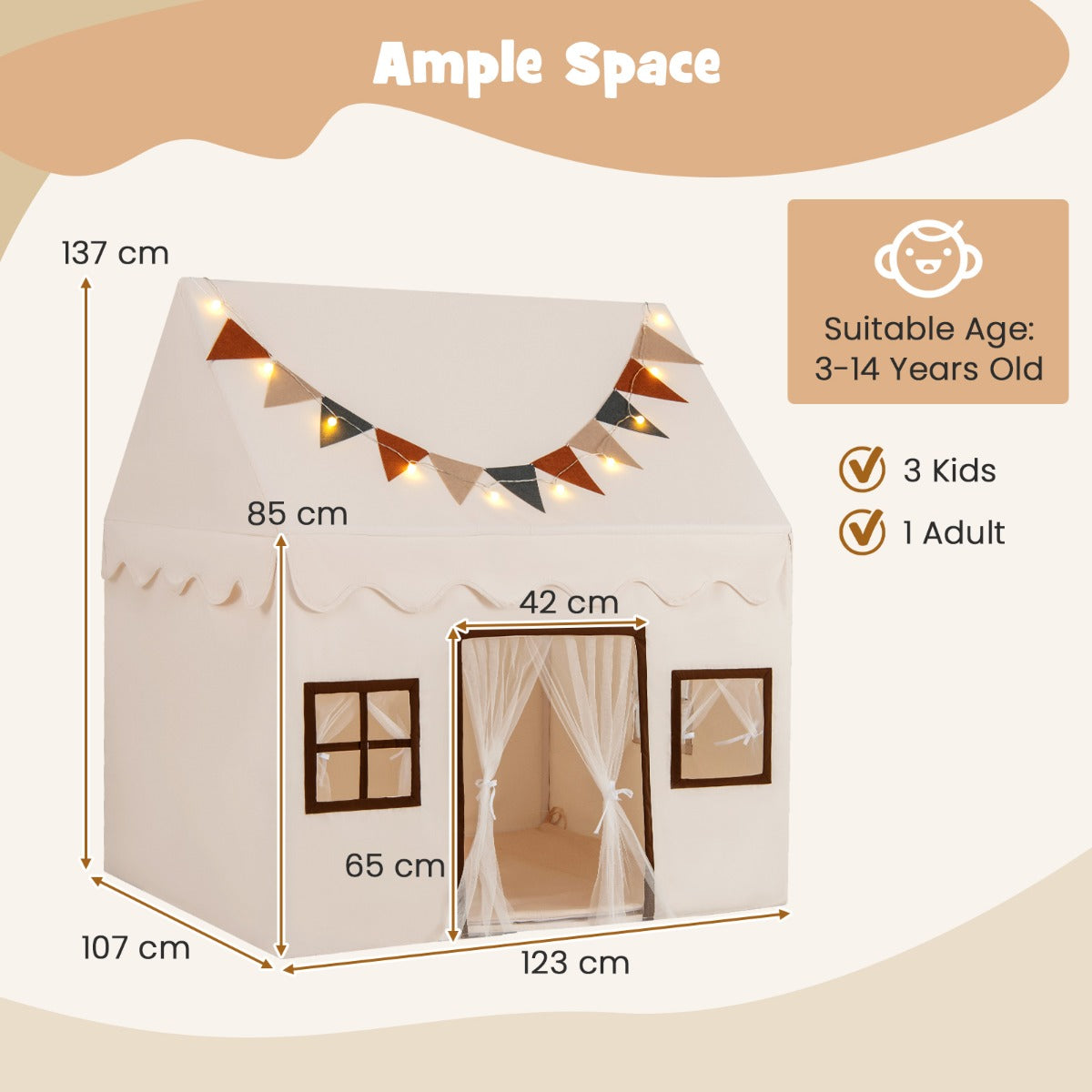 LIVSK Kinderspeeltent - Voor 3 Kinderen of 1 Volwassene - Gewatteerde Antislipmat - Gaasgordijnen en Lichtsnoeren - Beige