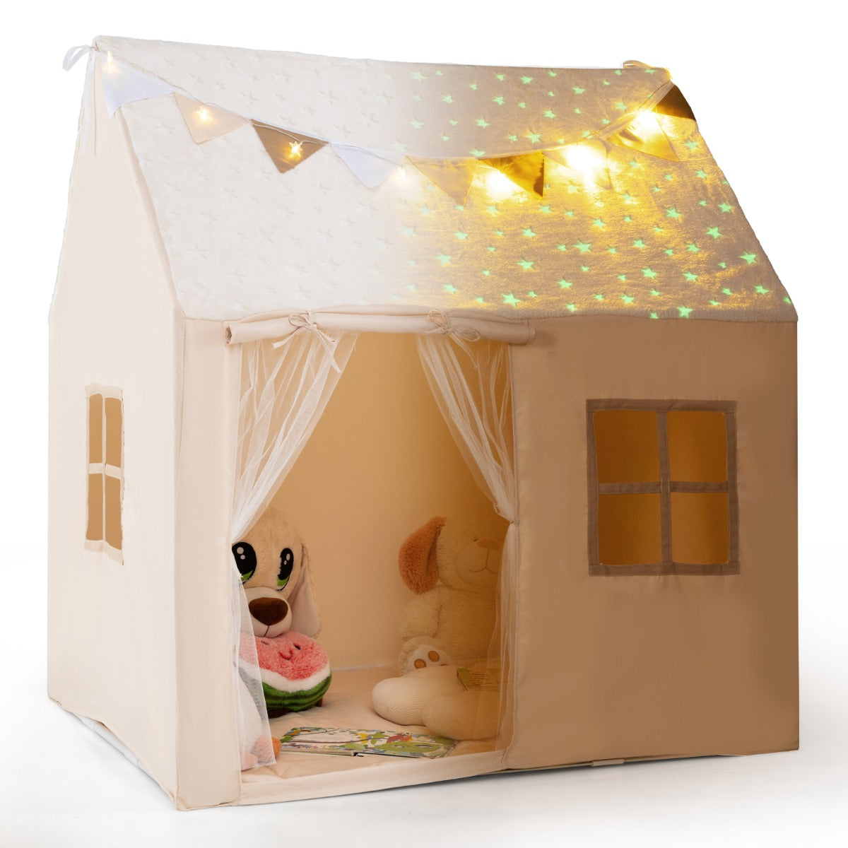 LIVSK Gevoerde Speeltent voor Kinderen - Lichtgevende Sterren - Roldeur met Gaasgordijn - Inclusief Lichtsnoer en Vlaggen - Beige
