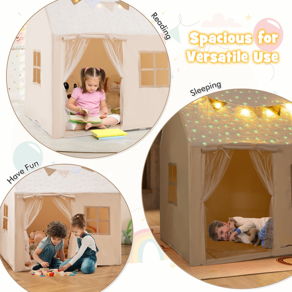 LIVSK Gevoerde Speeltent voor Kinderen - Lichtgevende Sterren - Roldeur met Gaasgordijn - Inclusief Lichtsnoer en Vlaggen - Beige