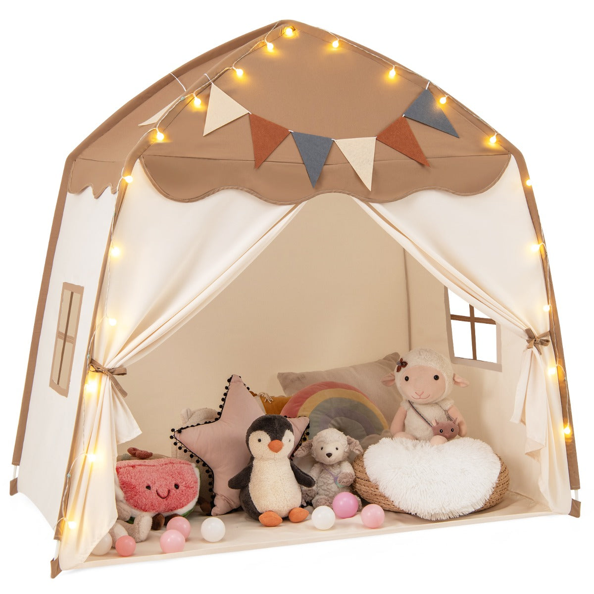 LIVSK Kindertent voor Binnen en Buiten - Ruimte voor 3 Kinderen - Bohemien Design met Koordlampjes - Eenvoudig op te zetten -