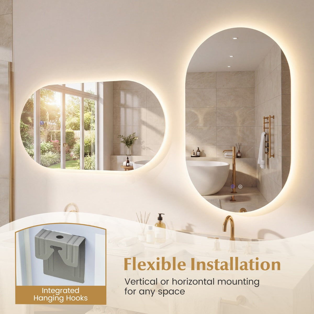 Livsk costway spiegel met led onbreekbare ovale wandspiegel zonder lijst met instelbare kleurtemperatuur in 3 standen 90 x 55 cm