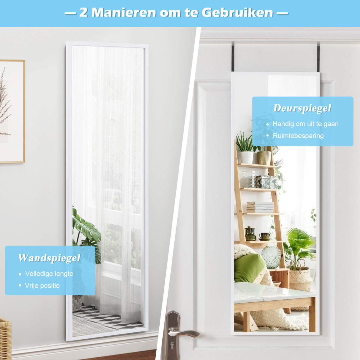 LIVSK Verstelbare Volledige Lengte Spiegel - Wand/Deur - HD Onbreekbaar Glas - Modern IJzeren Frame - 107 x 36,5 cm - Wit