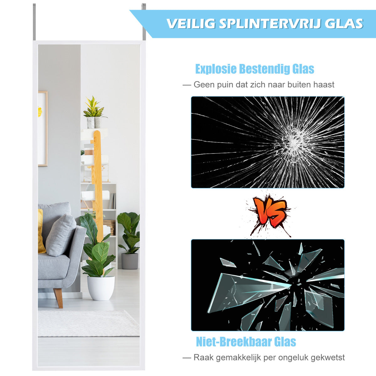 LIVSK Verstelbare Volledige Lengte Spiegel - Wand/Deur - HD Onbreekbaar Glas - Modern IJzeren Frame - 107 x 36,5 cm - Wit