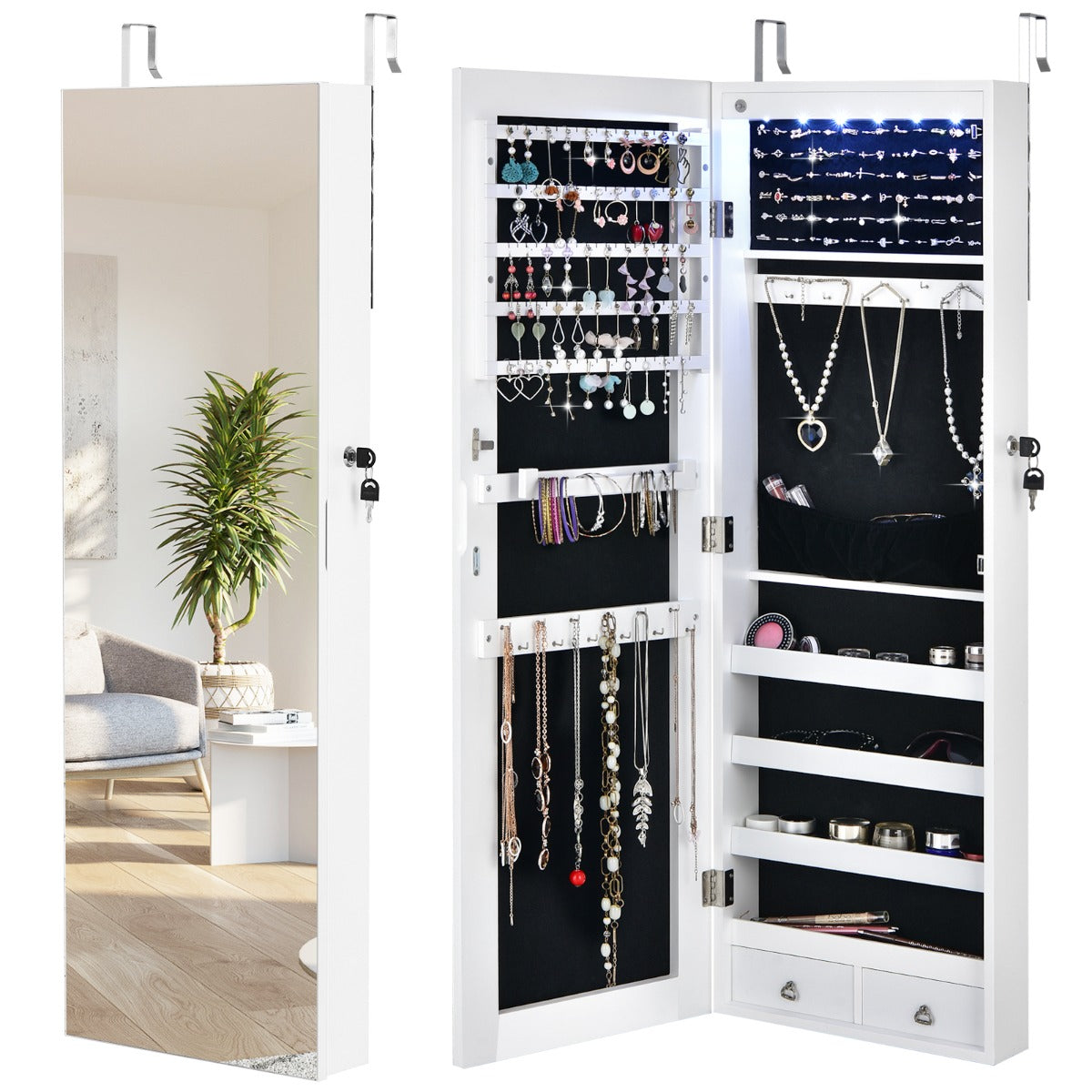 LIVSK Juwelenkast - Afsluitbaar met Spiegel - 24 Haken - 100 Oorbelgleuven - 6 LED-lampjes - Wand/Deurmontage - Wit
