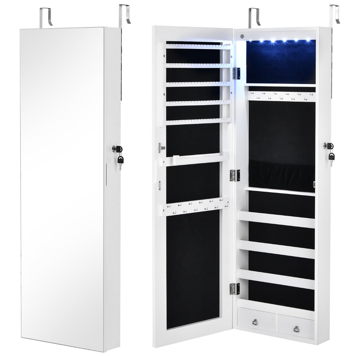 LIVSK Juwelenkast - Afsluitbaar met Spiegel - 24 Haken - 100 Oorbelgleuven - 6 LED-lampjes - Wand/Deurmontage - Wit
