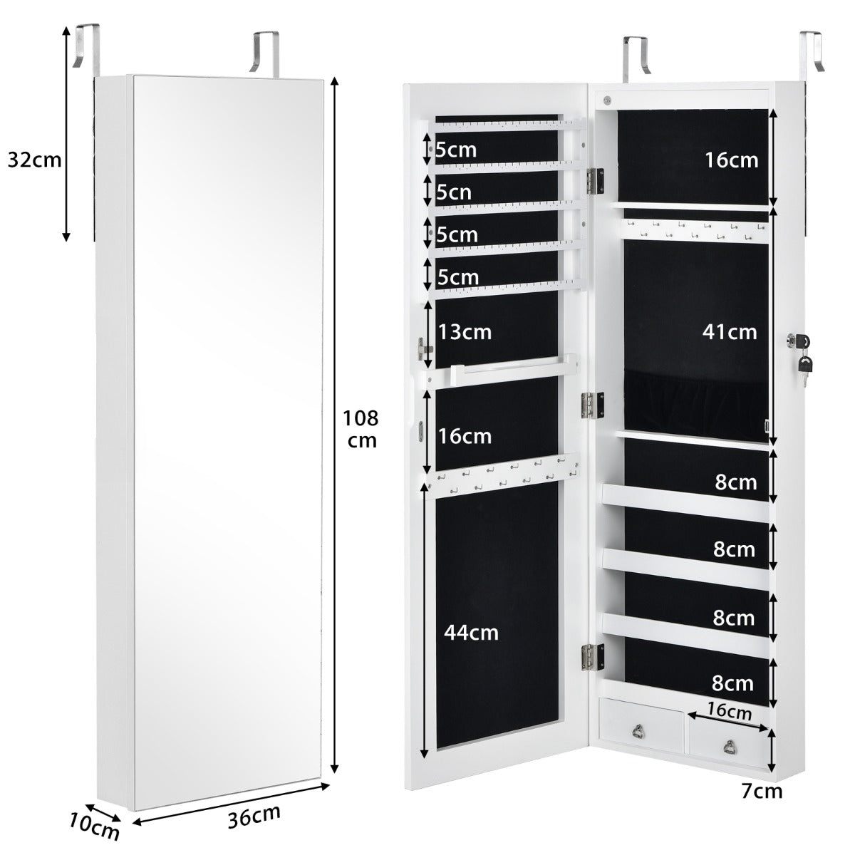 LIVSK Juwelenkast - Afsluitbaar met Spiegel - 24 Haken - 100 Oorbelgleuven - 6 LED-lampjes - Wand/Deurmontage - Wit