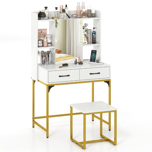 LIVSK Kaptafel met Spiegel en Kruk - Georganiseerde Opbergruimte - Ingebouwd Oplaadstation - Stabiliteit en Veiligheid - Wit