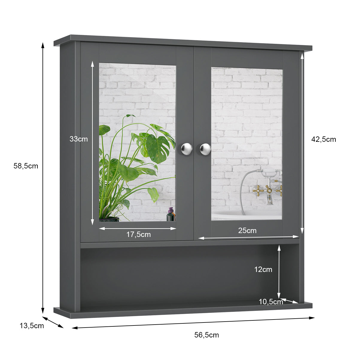 LIVSK Wandkast met Spiegels - Verstelbare Planken - Duurzaam MDF - Magnetische Deurvangers - 56,5 x 13,5 x 58,5 cm - Grijs