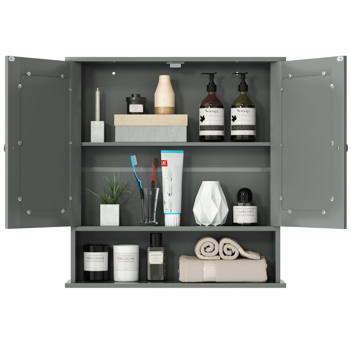 LIVSK Wandkast met Spiegels - Verstelbare Planken - Duurzaam MDF - Magnetische Deurvangers - 56,5 x 13,5 x 58,5 cm - Grijs