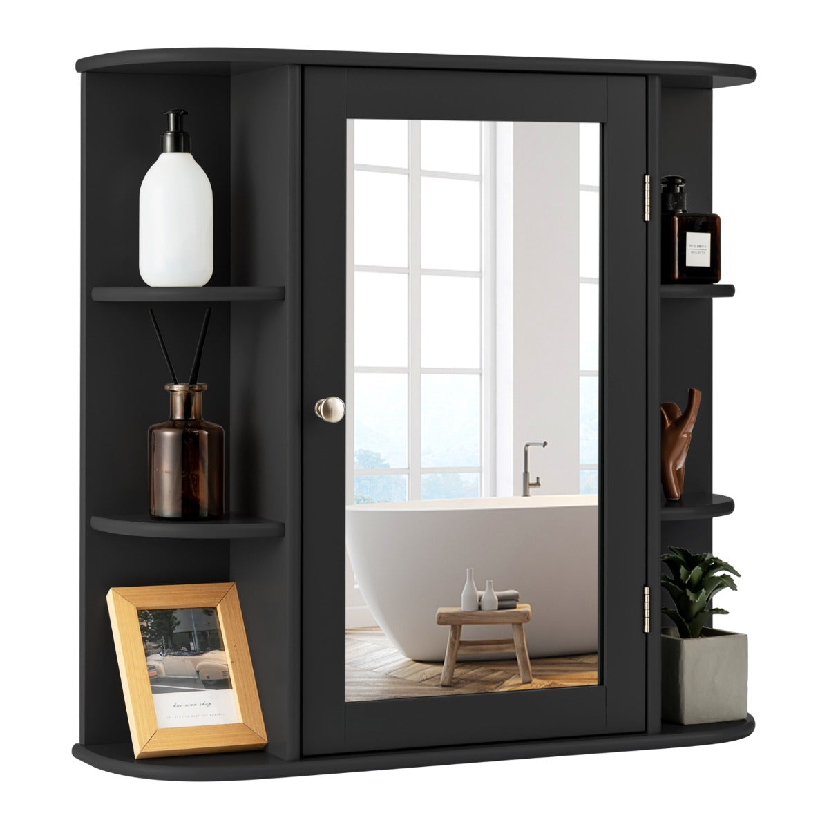 LIVSK Badkamerkast - Wandgemonteerd met 6 Open Compartimenten - Verstelbare Plank - MDF - 66 x 17 x 62 cm - Zwart
